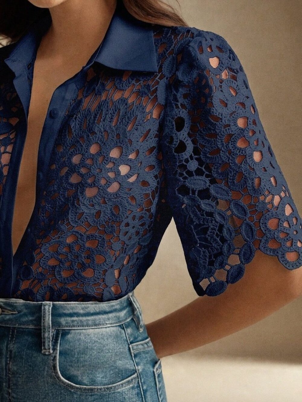 Navy Blue Boho Women's Elegant Floral Lace Blouse